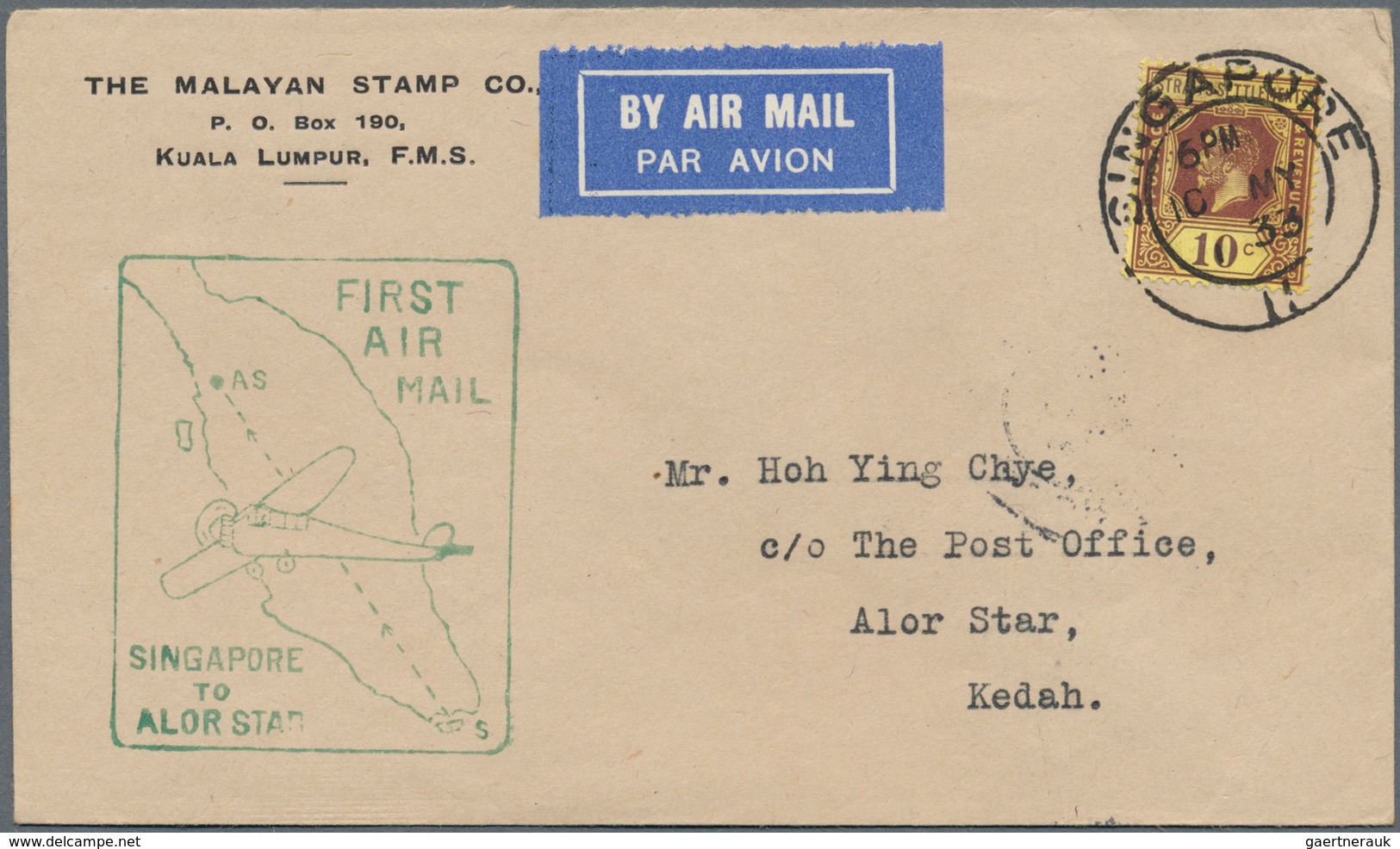 Singapur: 1933 (10.5.), Malaya Internal Airmail Cover With Green Cachet First Air Mail Singapore To - Singapour (...-1959)