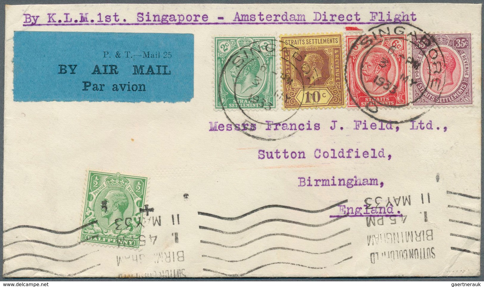 Singapur: 1933, Airmail Letter "By KLM 1st Sigapore-Amsterdam Direct Flight" Addressed To Birmingham - Singapour (...-1959)