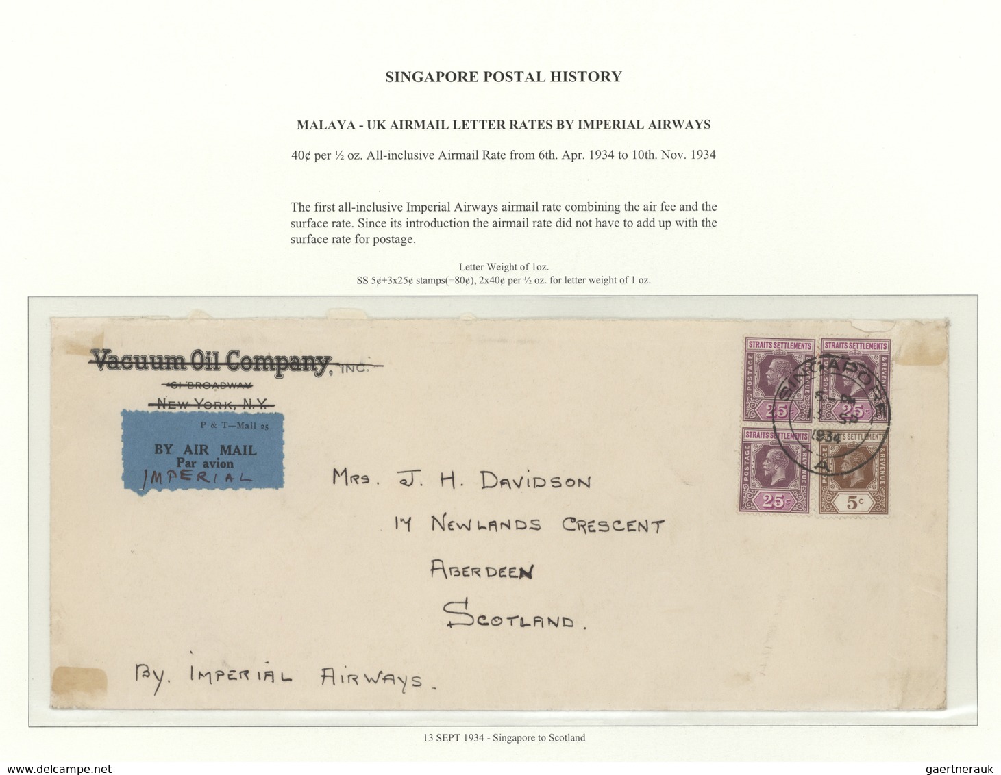Singapur: 1934, 13 SEPT, Business Airletter Franked With 80 C "All-Inclusive Airmail Rate" For 2/2 O - Singapour (...-1959)