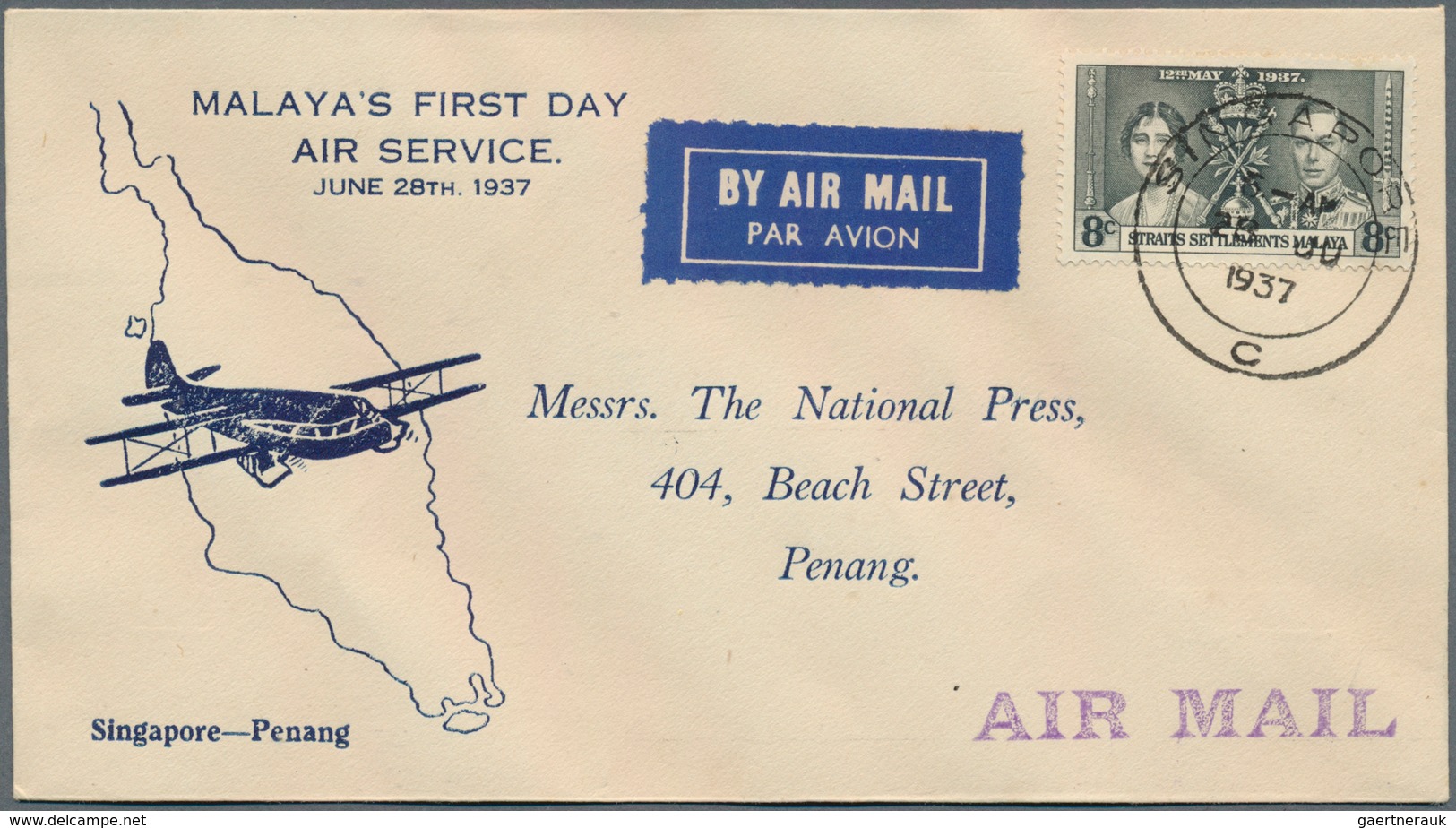 Singapur: 1937, 28 JUN, First Regular Internal Airmail Between Singapore And Penang. The Service Was - Singapour (...-1959)
