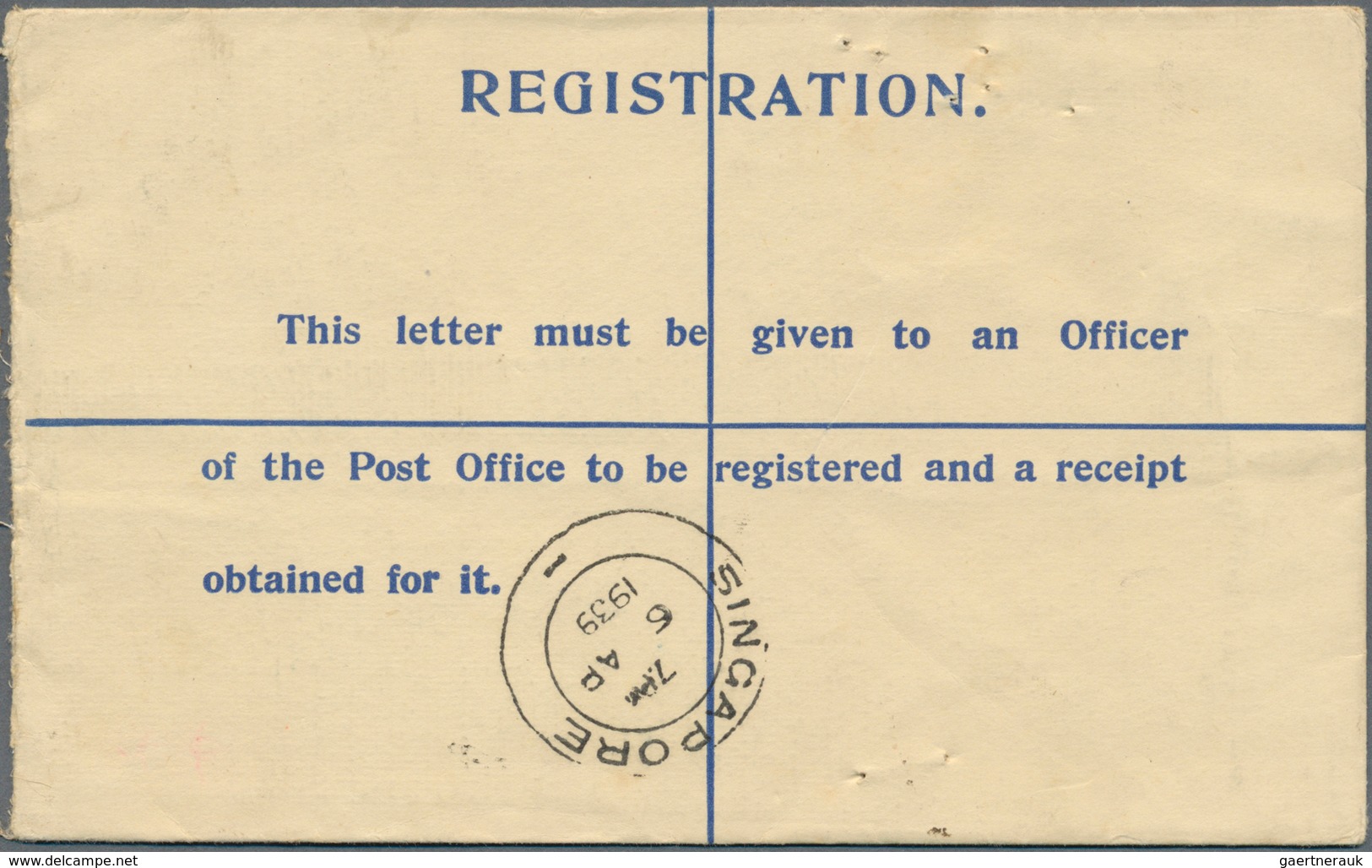 Singapur: 1939, PAYA LEBAR: Straits Settlements Registered Letter KGVI 15c. Blue Embossed Head Uprat - Singapour (...-1959)