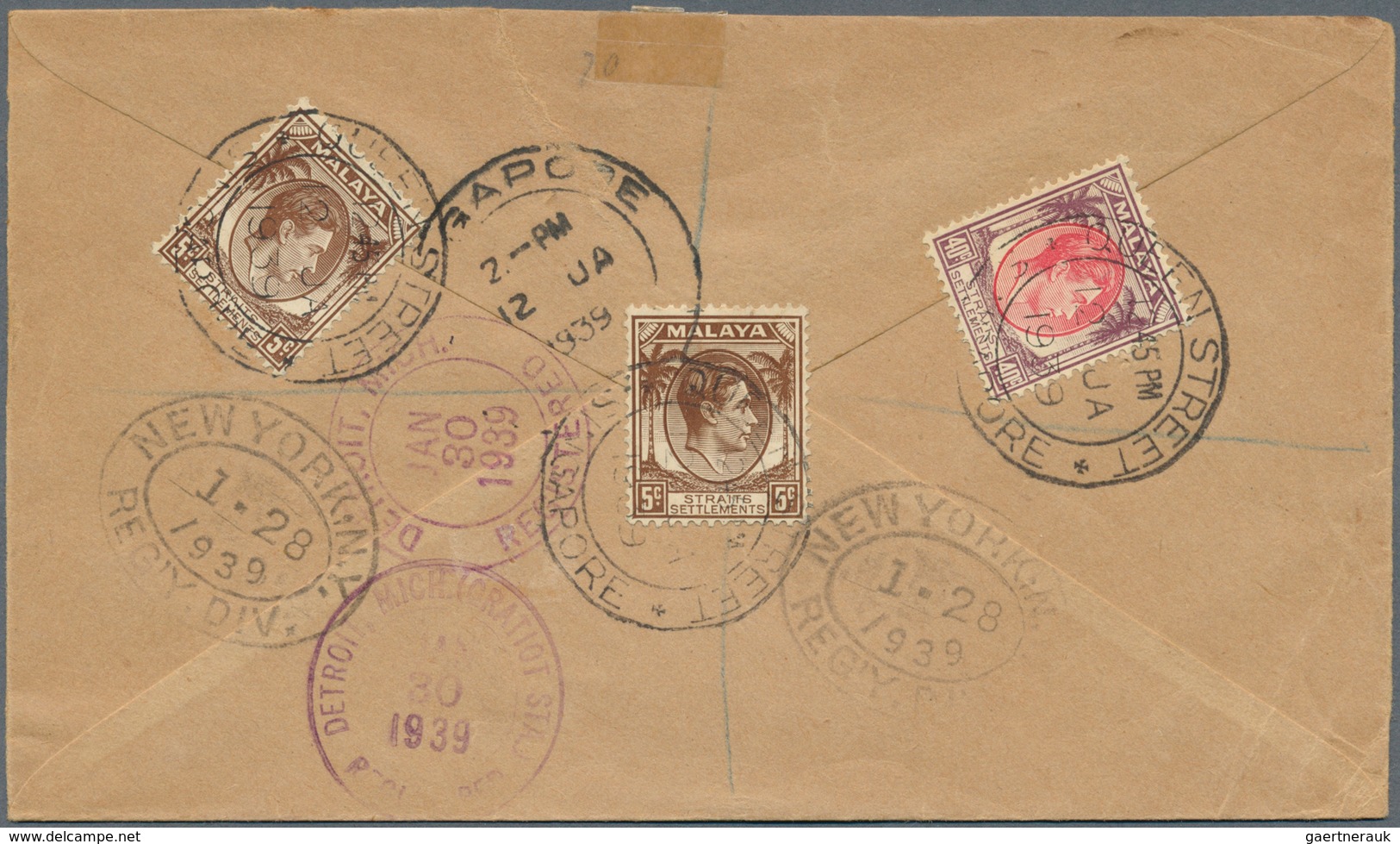 Singapur: 1939, QUEEN STREET: Straits Settlements KGVI 40c. Scarlet/purple And 2 X 5c. Brown Used On - Singapur (...-1959)