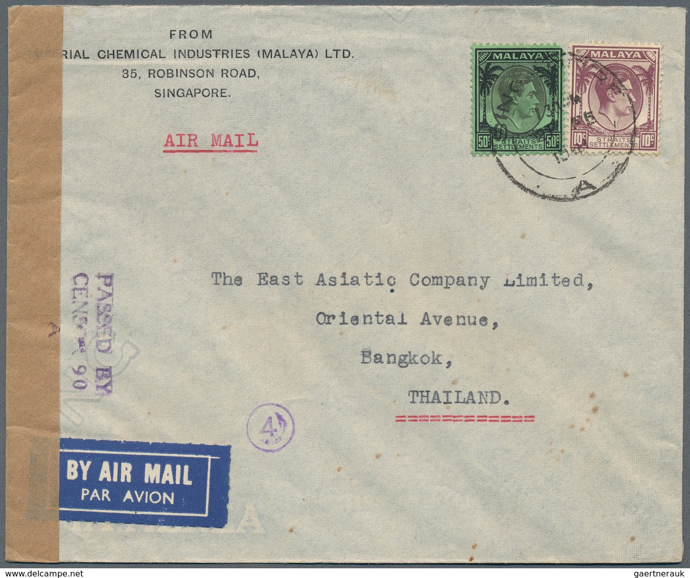 Singapur: 1940/1941, four censored covers bearing different Straits Settlements KGVI definitives all