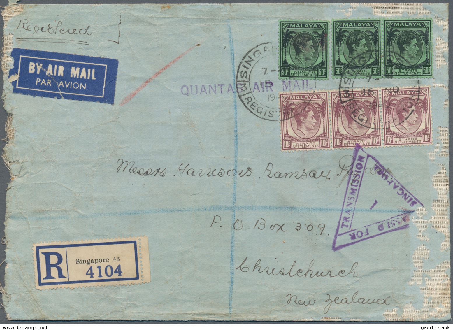 Singapur: 1940, 15 NOV, SINGAPORE To NEW ZEALAND, Registered Airmail Letter Flown With QUANTAS To Sy - Singapur (...-1959)