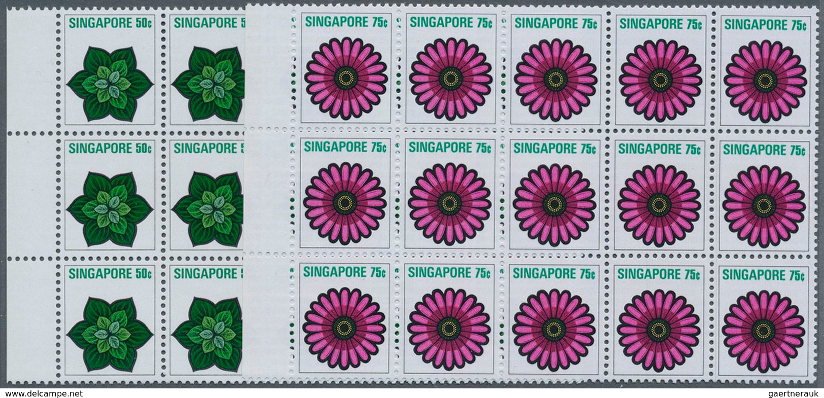 Singapur: 1973, Flowers And Fruits Defintives Complete Set Of 13 In Blocks Of 15, Mint Never Hinged, - Singapour (...-1959)