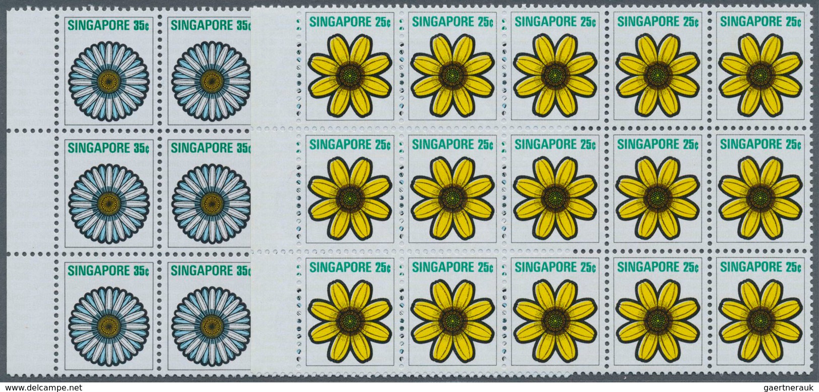 Singapur: 1973, Flowers And Fruits Defintives Complete Set Of 13 In Blocks Of 15, Mint Never Hinged, - Singapour (...-1959)