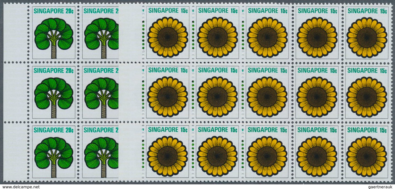 Singapur: 1973, Flowers And Fruits Defintives Complete Set Of 13 In Blocks Of 15, Mint Never Hinged, - Singapour (...-1959)