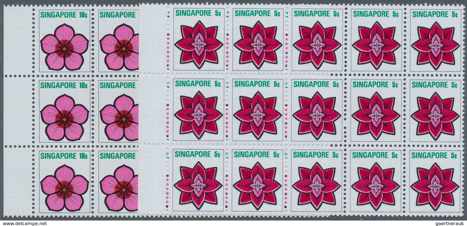 Singapur: 1973, Flowers And Fruits Defintives Complete Set Of 13 In Blocks Of 15, Mint Never Hinged, - Singapour (...-1959)