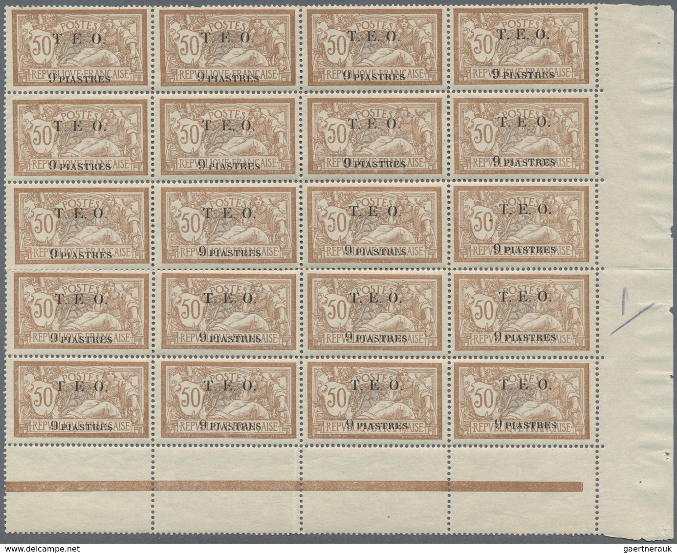 Syrien: 1919, T.E.O. Overprints, 9pi. On 50c. Brown/blue, Right Marginal Block Of 20 (partly Separat - Syrien