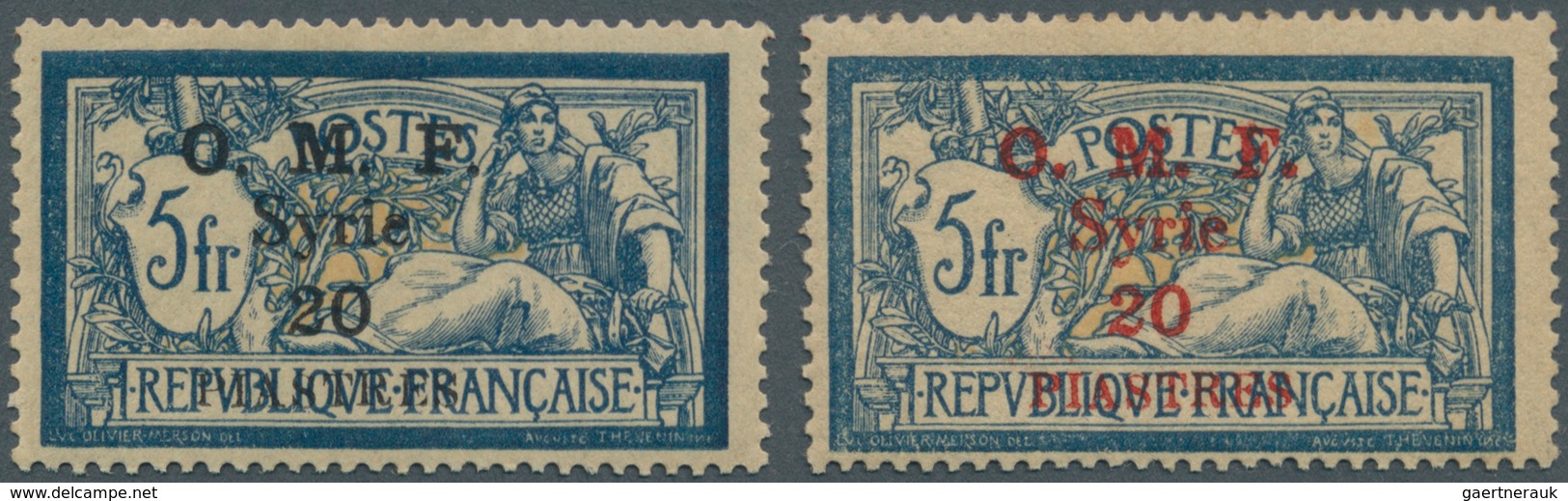 Syrien: 1920, Merson 5fr. Blue/creme With Opt. 'O.M.F. Syrie 20 PIASTRE' In BLACK And RED, Mint Ligh - Syrien