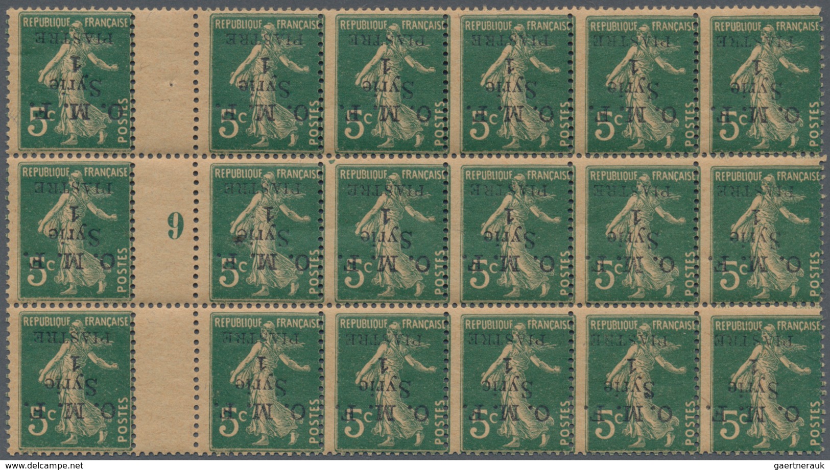 Syrien: 1920, O.M.F. 1pi. On 5c. Green, Gutter Block Of 18 With Inverted Overprint (one Stamp Pin Ho - Syrie