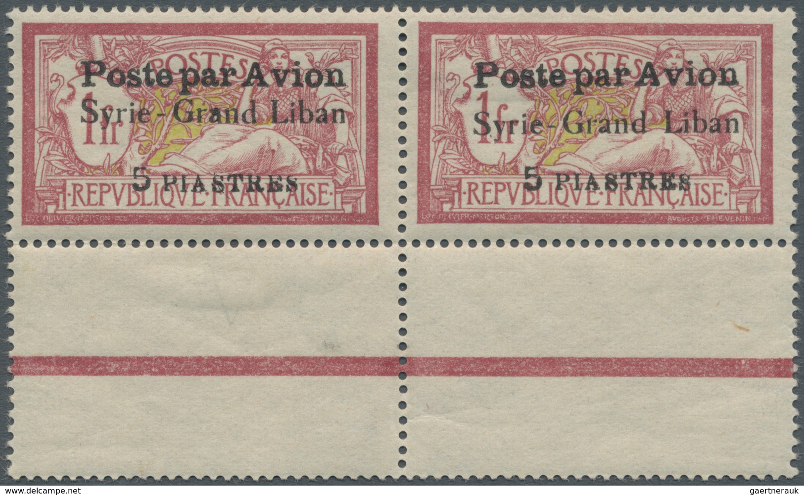 Syrien: 1923, Airmails "Syrie-Grand Liban", Wide Spacing 3¾mm, 5pi. On 1fr. Red/green, Horiz. Pair, - Syrie