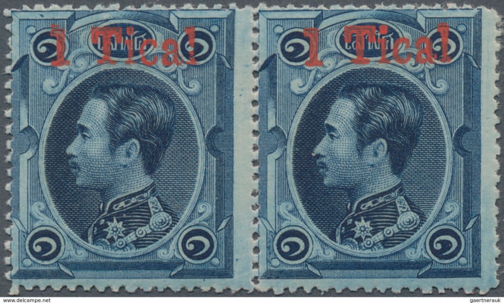 Thailand: 1885 "1 Tical" On 1 Solot Deep Blue, Ovpt. Type II (14x3½mm), Horizontal Pair, Mint Lightl - Thaïlande