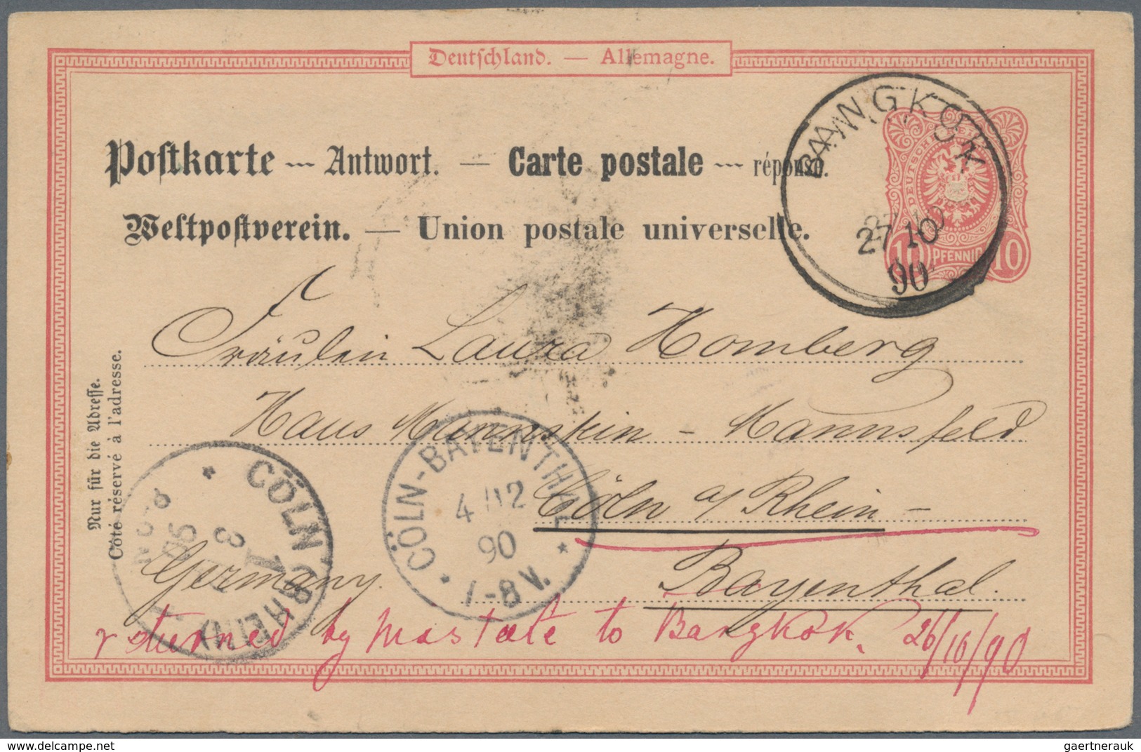 Thailand: 1890, Reply Part Of Germany 10 Pfg. Postal Stationery Card Sent Back To Cöln, Oblit. "BANG - Thailand