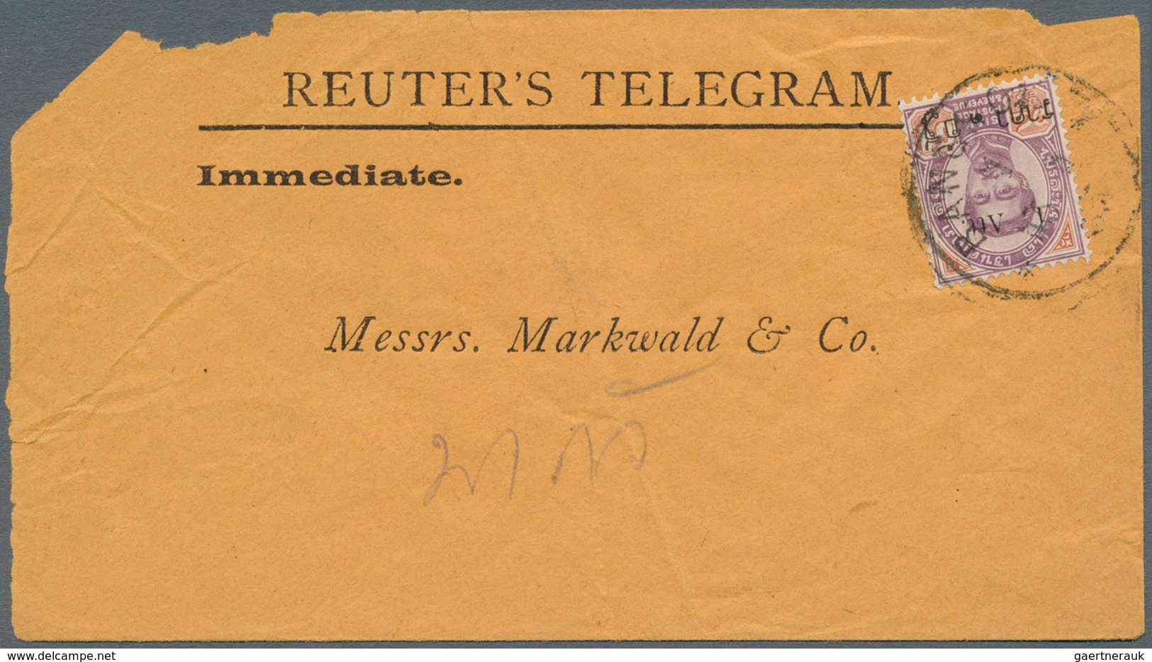 Thailand: 1894, 1 Att./64 Att. Tied "BANGKOK1 15 1 95" To Envelope "REUTER'S TELEGRAM", Backstamps " - Thailand
