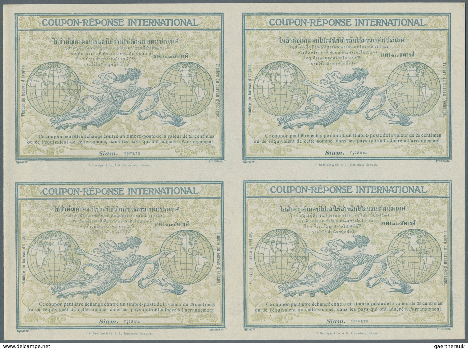 Thailand: Design "Rome" 1906 International Reply Coupon As Block Of Four Siam (native Characters - S - Thaïlande