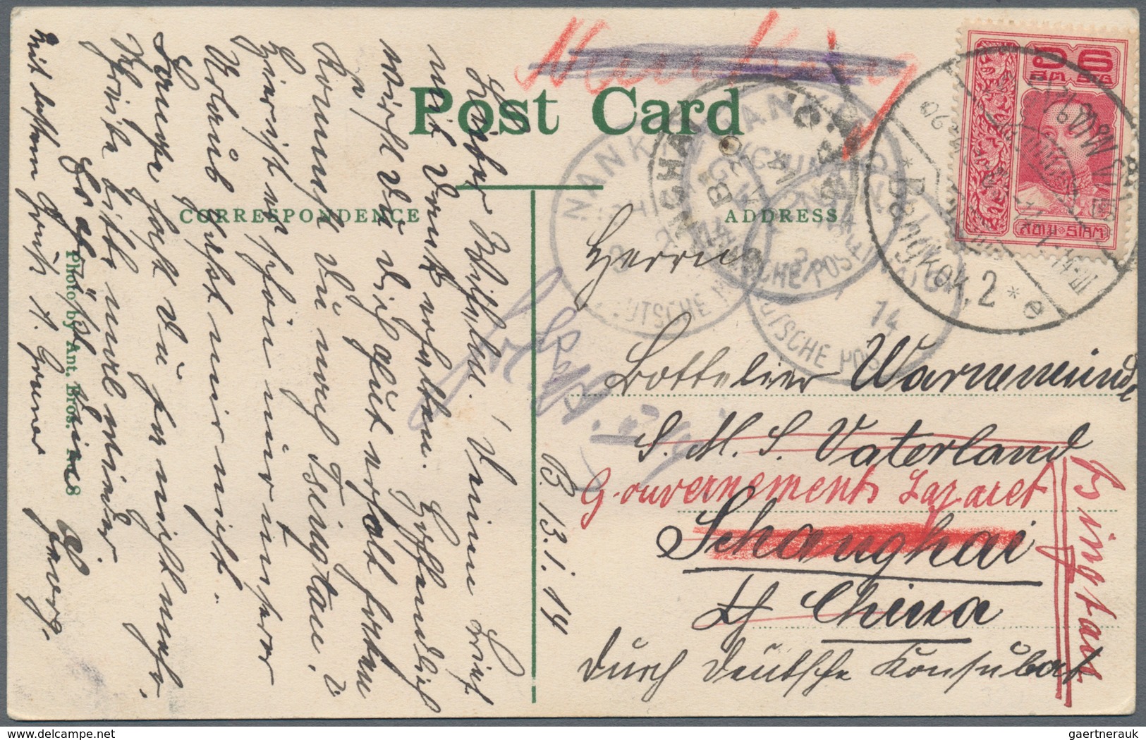 Thailand: 1914, 6 S. Tied "Bangkok2 14.1.1914" To Ppc (Bangkok United Club) To Staff Of German River - Thailand