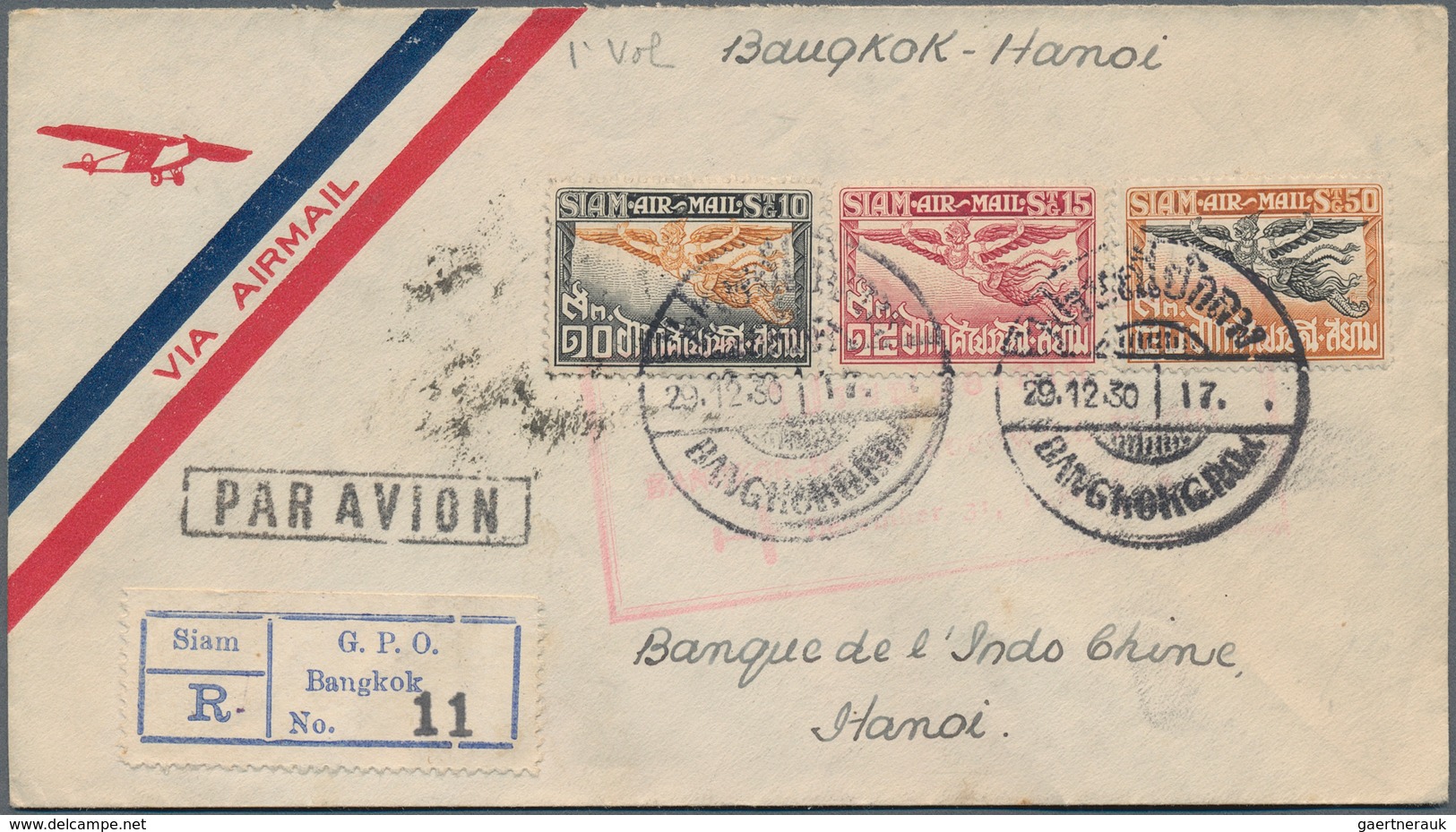 Thailand: 1930, 10 C, 15 C And 50 C Garuda, Mixed Franking On Registered "good Will" Flight Cover Fr - Thailand