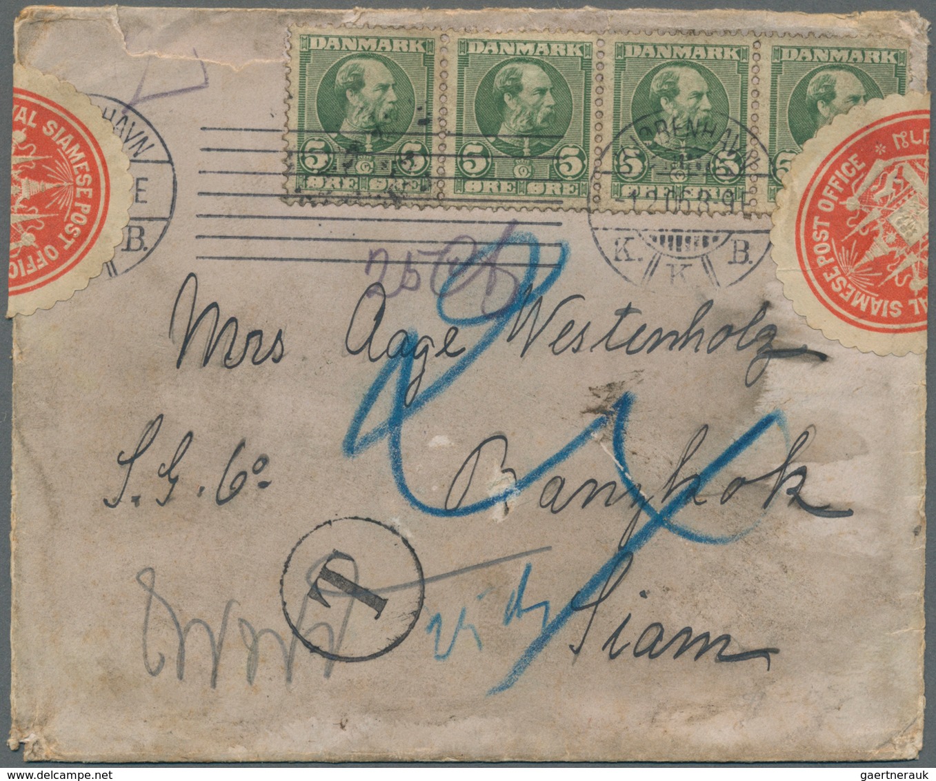 Thailand - Verschlussmarken: 1906, Denmark Cover 5 Oe. (4) Tied "KJOBENHAVN 1 2 06" To Small Cover T - Thailand