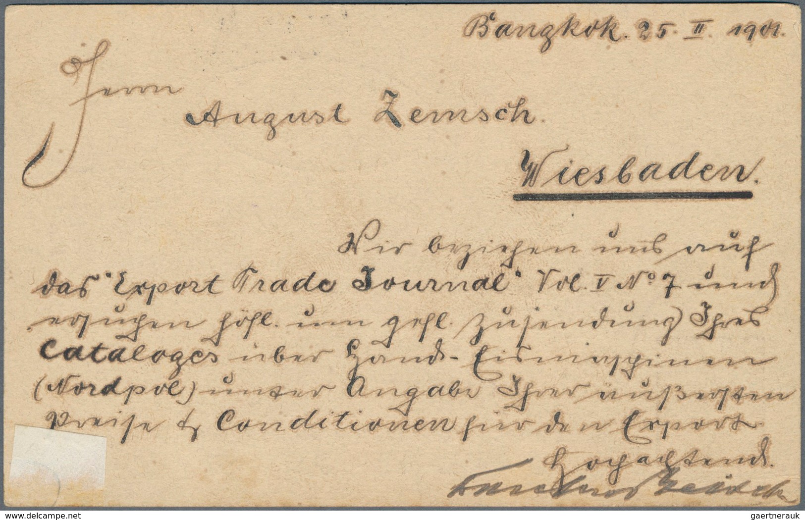 Thailand - Ganzsachen: 1901, UPU Card 4 A. Canc. "BANGKOK2 25.2.1901" To Wiesbaden/Germany, Company - Thaïlande