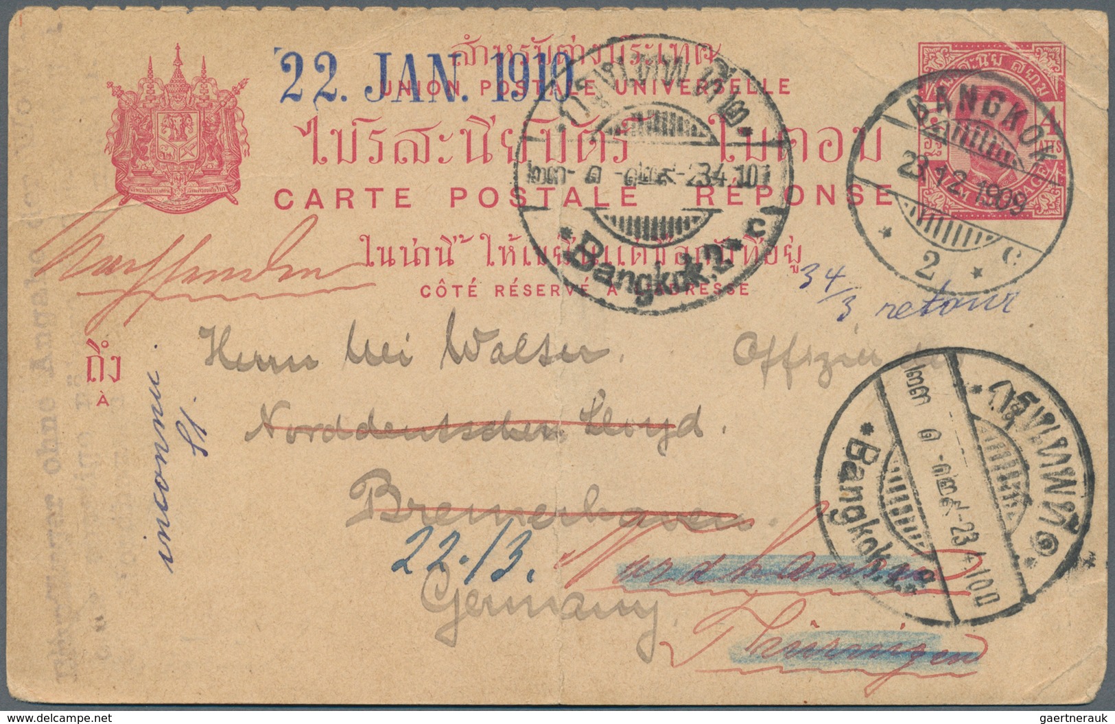 Thailand - Ganzsachen: 1909, 4 K. Canc. "BANGKOK 23.12.1909" To German Ship Officer Of NGL To Bremer - Thaïlande