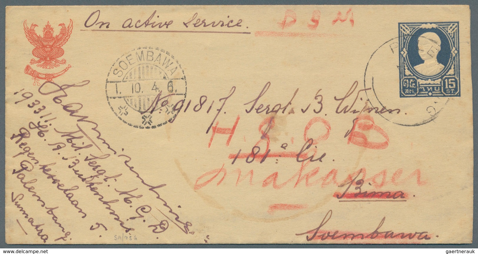 Thailand - Ganzsachen: 1940. Postal Stationery Envelope 15 Satang Blue Endorsed 'On Active Service' - Thaïlande