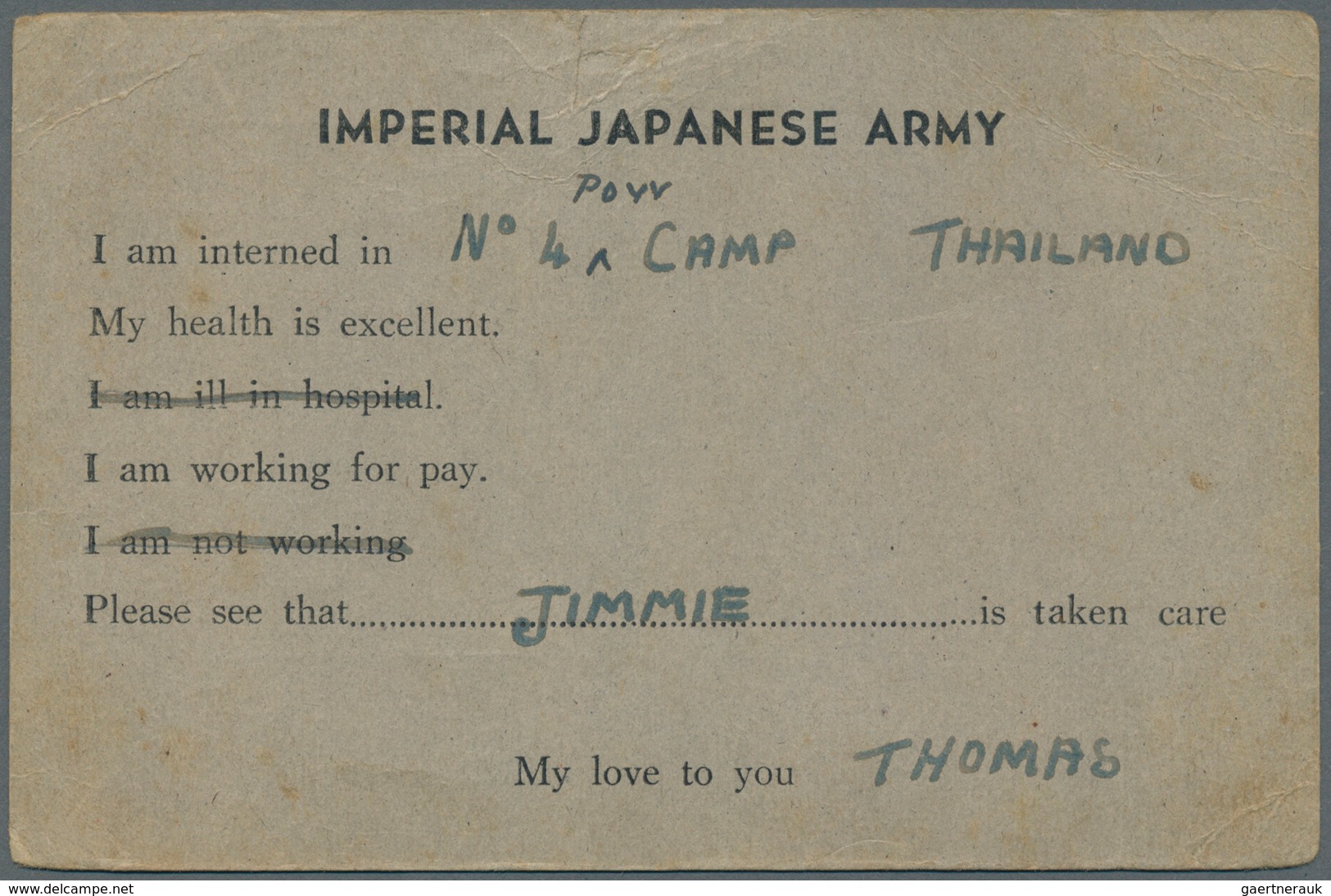 Thailand - Besonderheiten: 1944 (ca.), Preprinted Card "POW-mail / Thai Prisoner Of War Camp" Sent F - Thaïlande