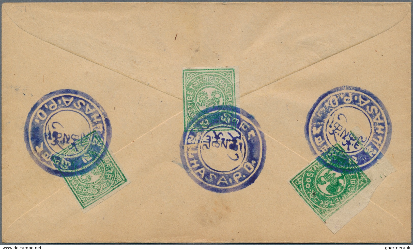 Tibet: 1912, 1/6 T. Bluish Green (3, Inc. Bottom Left Corner Copy) Tied Blue Intaglio „LHASA P.O.“ T - Autres - Asie