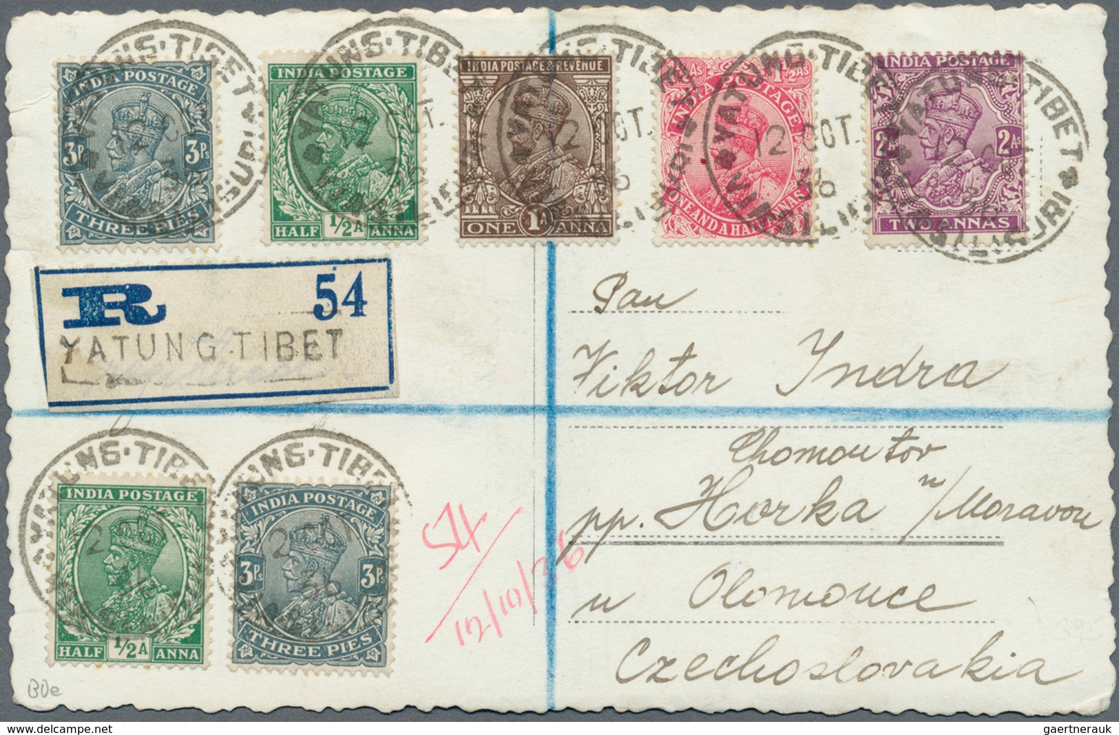 Tibet: 1936, Yatung BPO: India ½ A. (2), 1 A., 1 ½ A., 2 A., 3 P. Tied Seven Strikes „YATUNG TIBET V - Sonstige - Asien