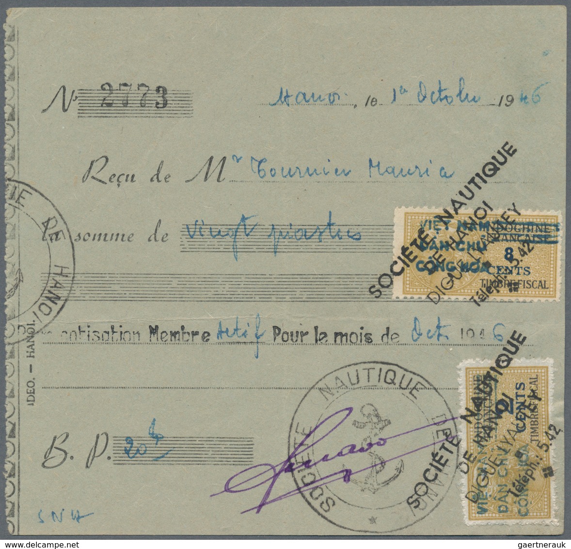 Vietnam-Nord (1945-1975): 1945/46, Fiscals/timbre Fiscal With VIET-NAM Ovpt. On Receipts: 2 C., 8 C. - Viêt-Nam