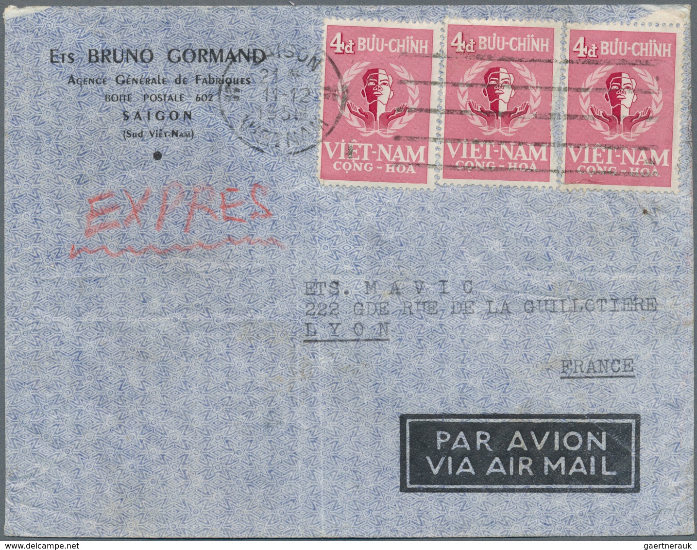 Vietnam-Süd (1951-1975): 1958, 4d (3) Tied Machine "SAIGON 11 12 1958" To Express Air Mail Cover To - Viêt-Nam