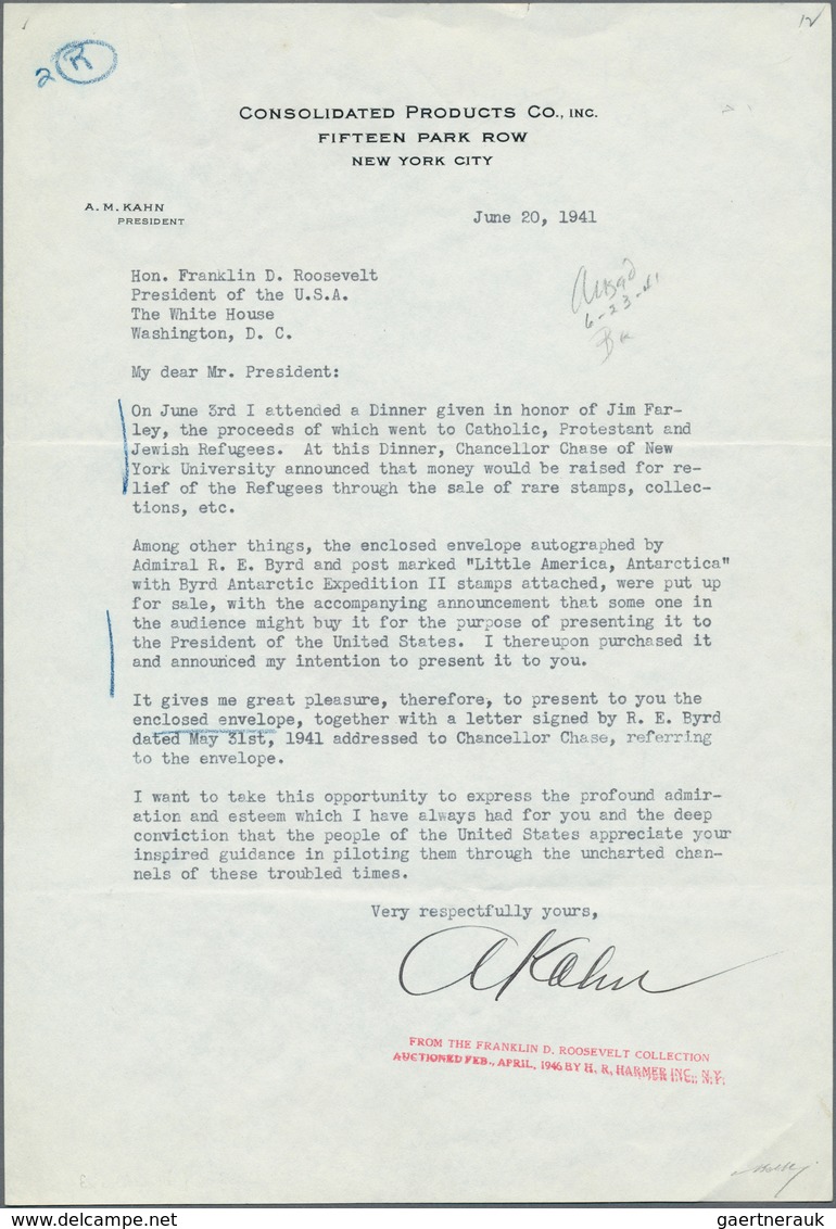 Thematik: Antarktis / Antarctic: 1941, USA. Accompanying Letter From A.M. Kahn To President ROOSEVEL - Autres & Non Classés