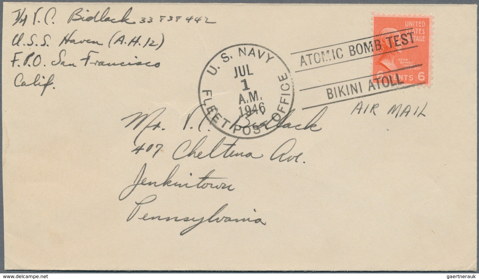 Thematik: Atom / Atom: 1946, USA. Machine Postmark "U.S.Navy JUL 1 1946 Fleet Post Office - ATOMIC B - Atome