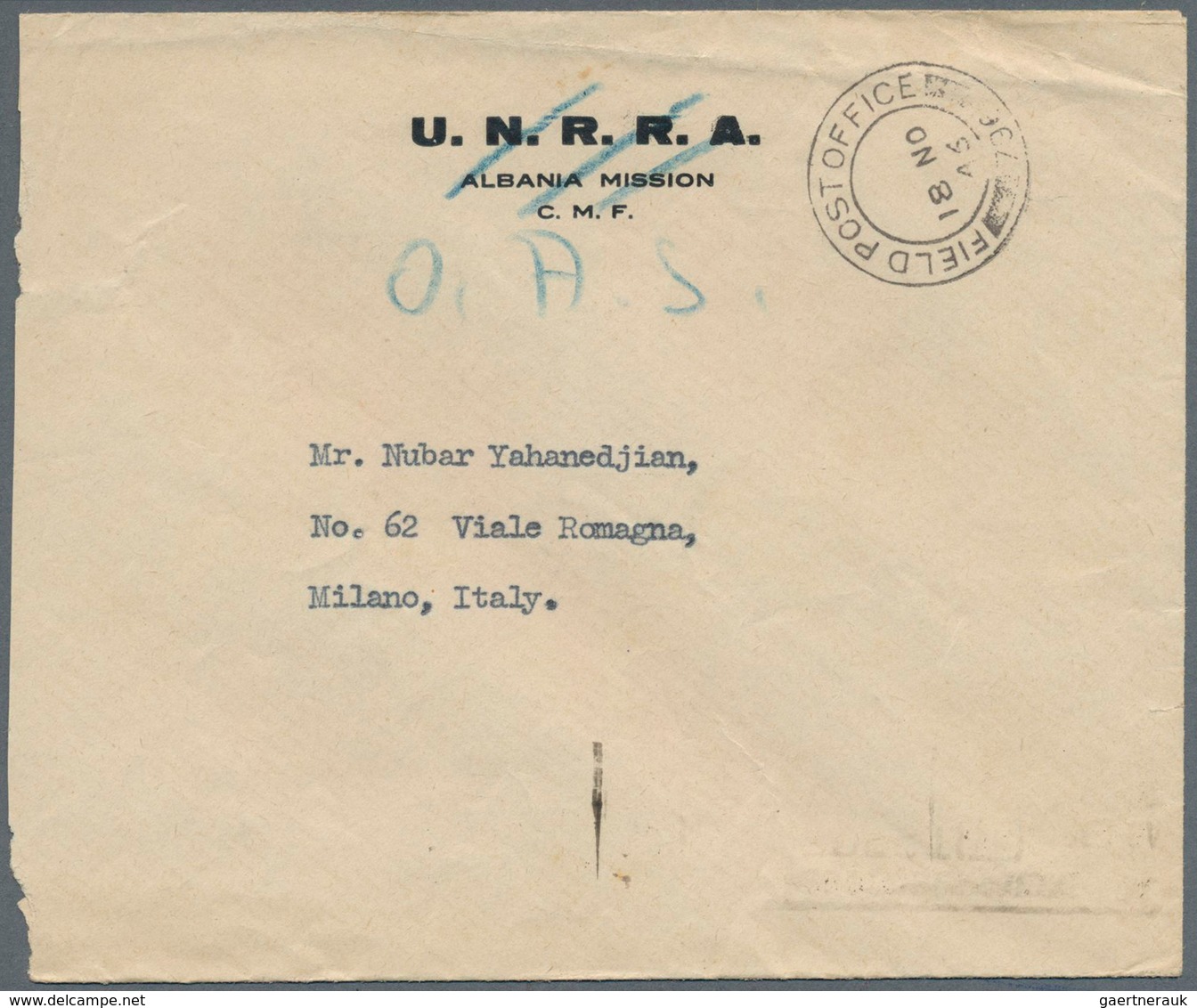 Thematik: Europa-UNO / Europe-UNO: 1946, Stampless Preprinted Cover "U.N.R.R.A / ALBANIA MISSION / C - Idées Européennes