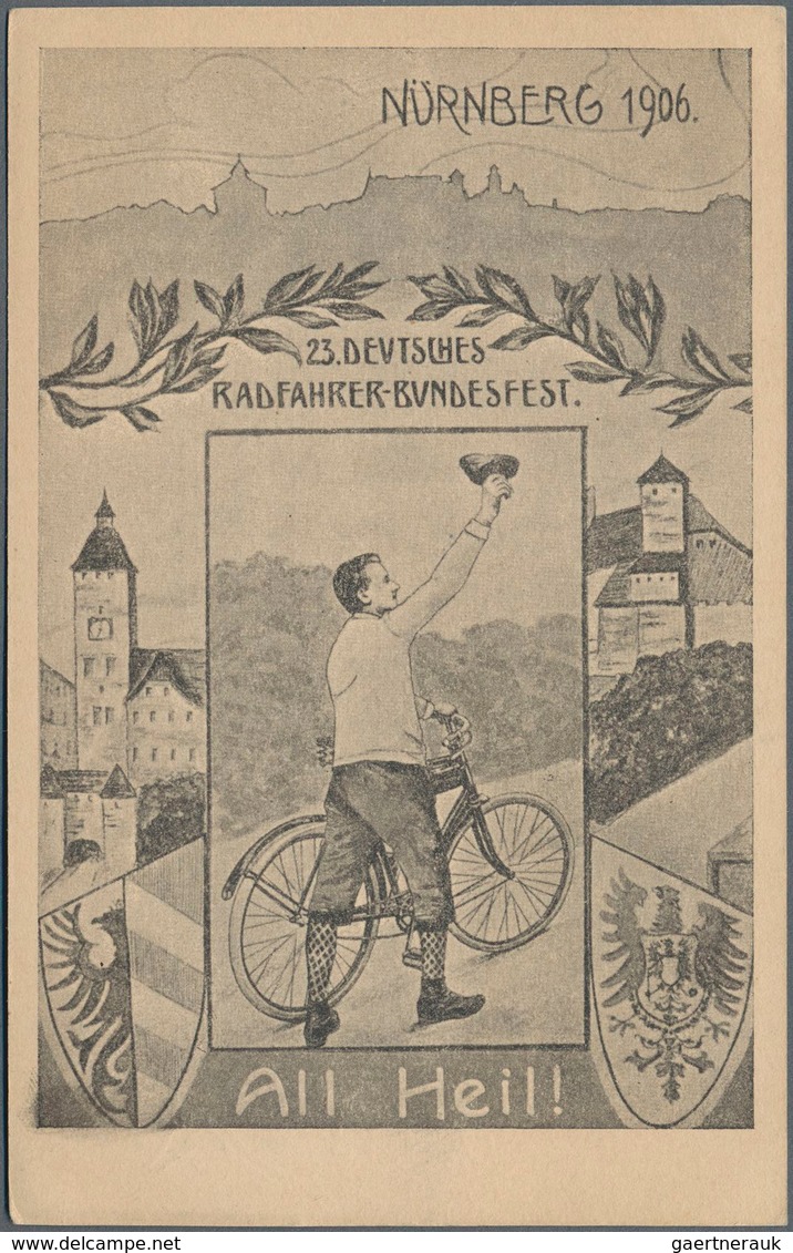 Thematik: Fahrrad / Bicycle: 1906, BAYERN-PRIVATGANZSACHE, Nürnberg, 23. Deutsches Radfahrer-Bundesf - Cyclisme