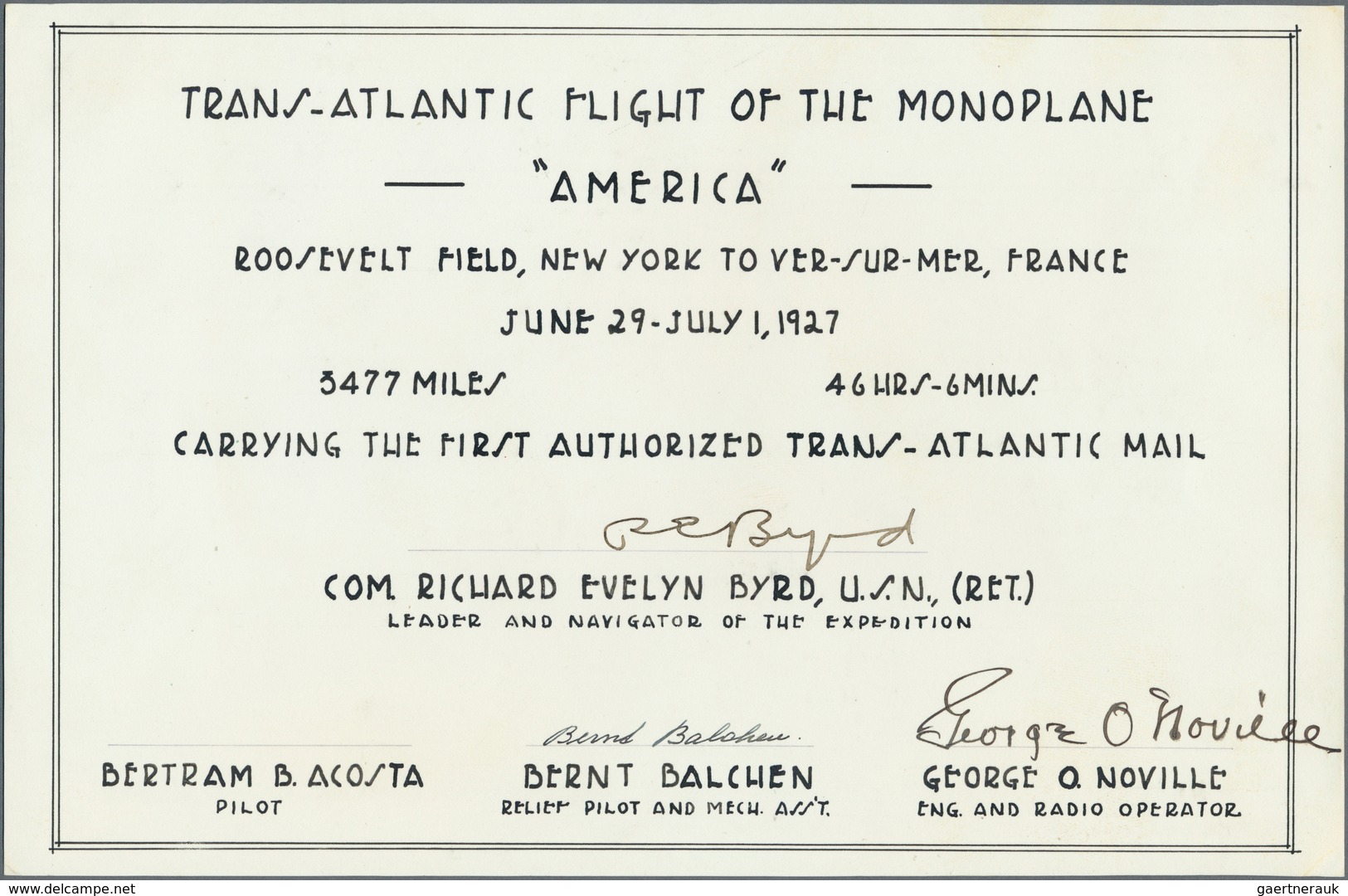 Thematik: Flugzeuge, Luftfahrt / Airoplanes, Aviation: 1927, USA. TRANS-ATLANTIC FLIGHT R.E. BYRD. C - Flugzeuge