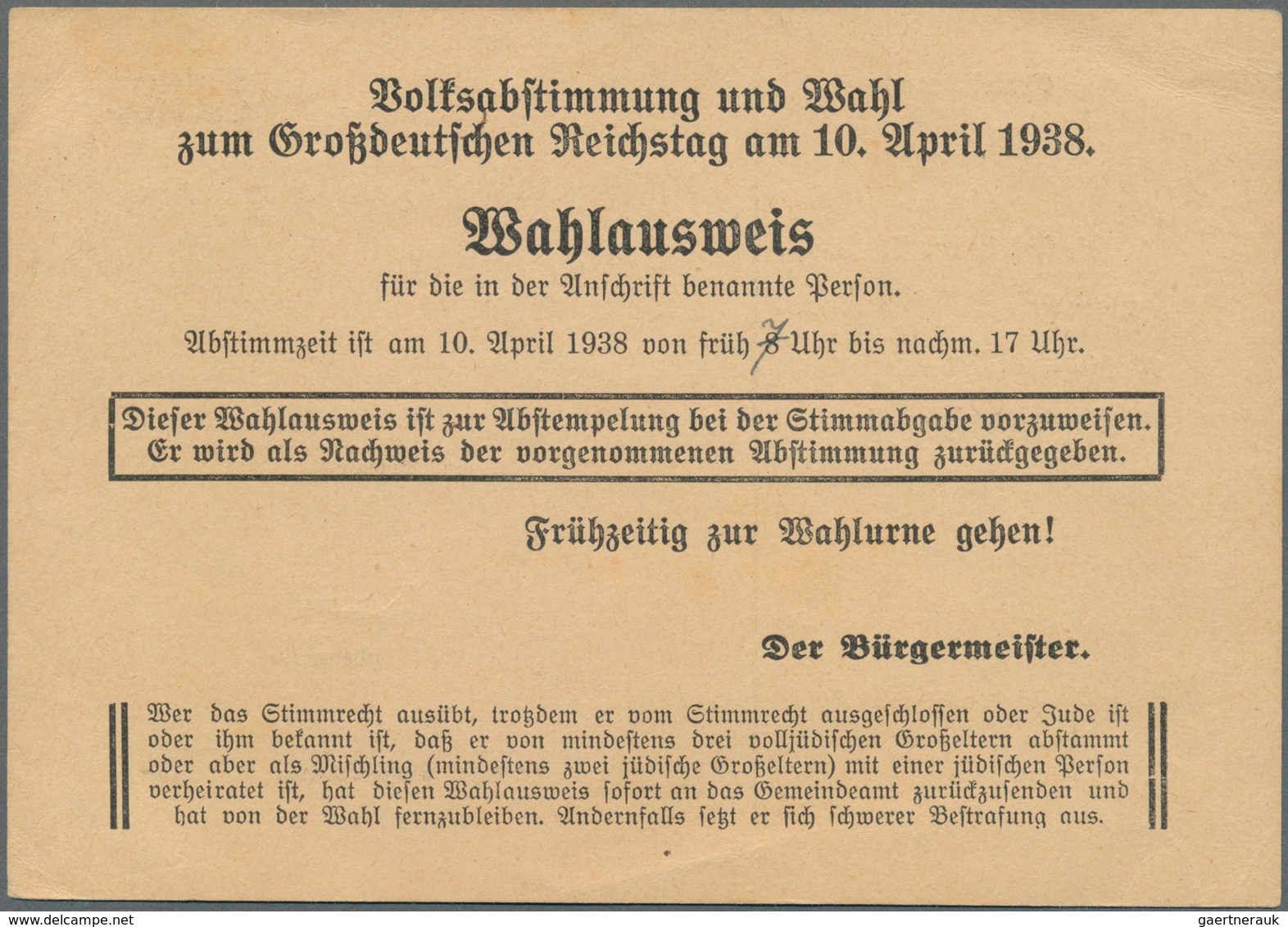 Thematik: Judaika / Judaism: 1938, 2 Verschiedene Wahlausweise Zur Volksabstimmung Und Zum Großdeuts - Non Classés