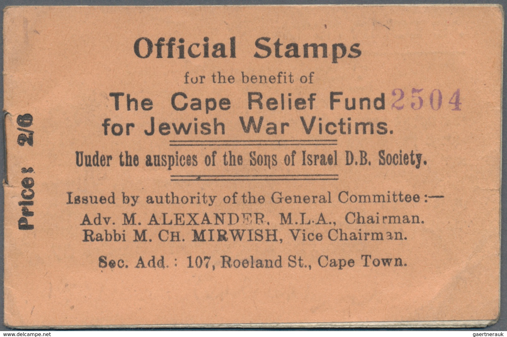 Thematik: Judaika / Judaism: 1945 (approx), South Africa. Stamp Booklet "Official Stamps For The Ben - Ohne Zuordnung