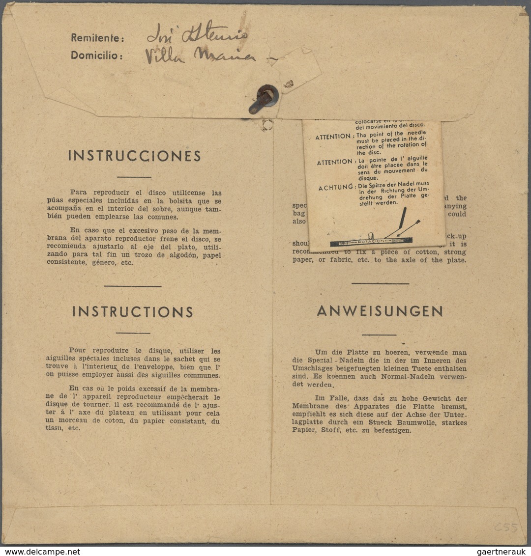 Thematik: Musik / Music: 1938 Appr., Registerred Envelope Inscripted "FONOPOSTAL" Containing A Disc - Musique