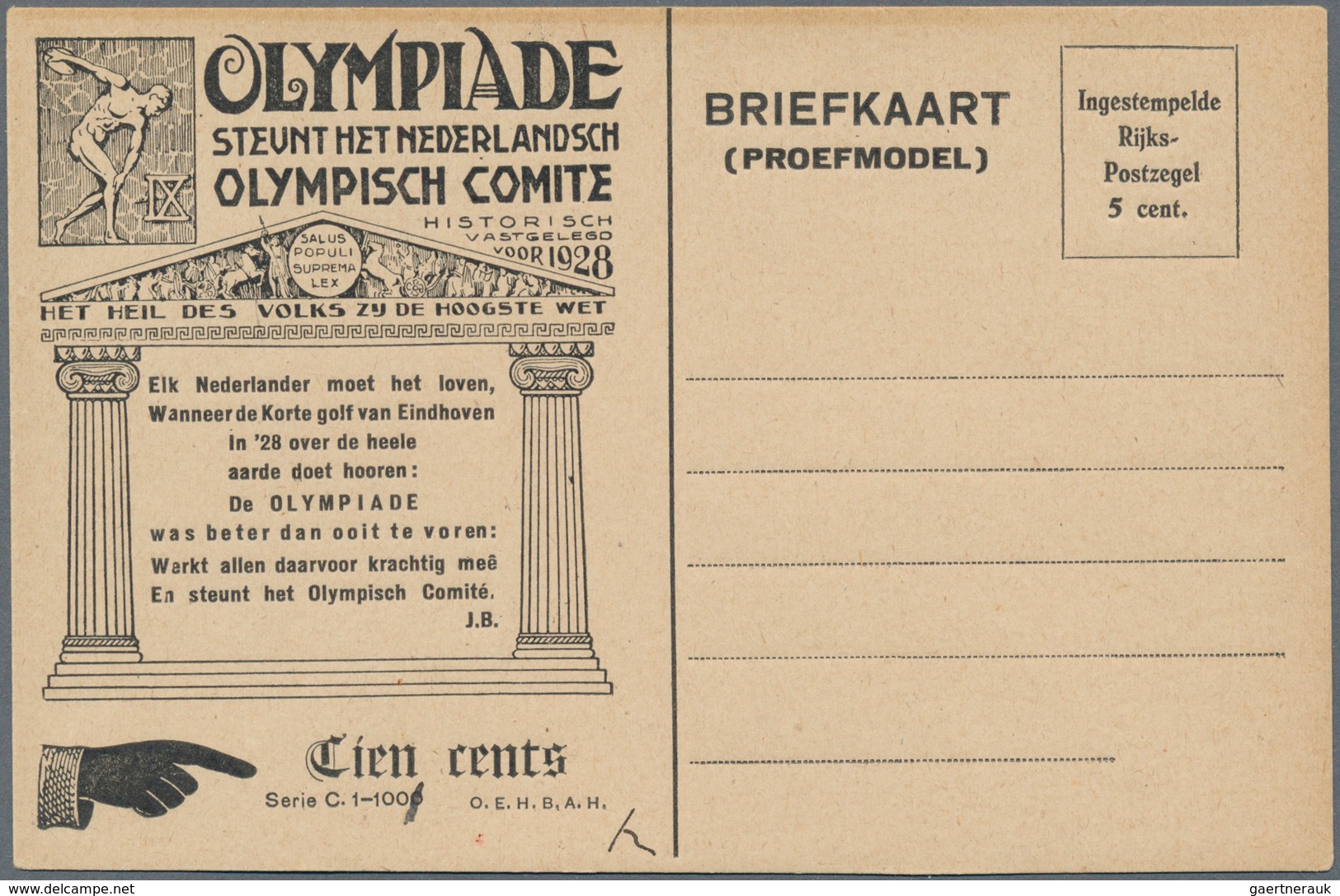 Thematik: Olympische Spiele / Olympic Games: 1928, The Netherlands For Amsterdam 1928. Huygens Postc - Sonstige & Ohne Zuordnung