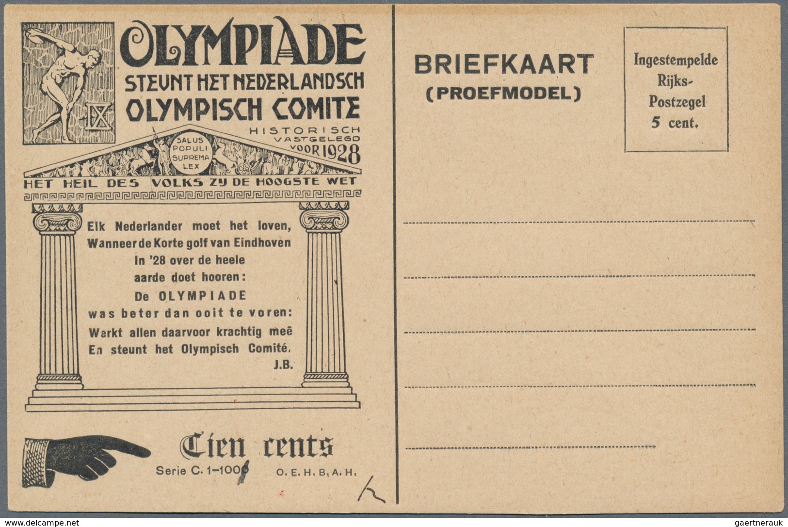 Thematik: Olympische Spiele / Olympic Games: 1928, The Netherlands For Amsterdam 1928. Huygens Postc - Other & Unclassified