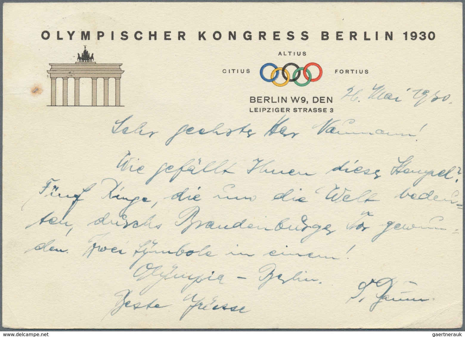 Thematik: Olympische Spiele / Olympic Games: 1930, BERLIN - OLYMPIC CONGRES. Official Printed Souven - Autres & Non Classés