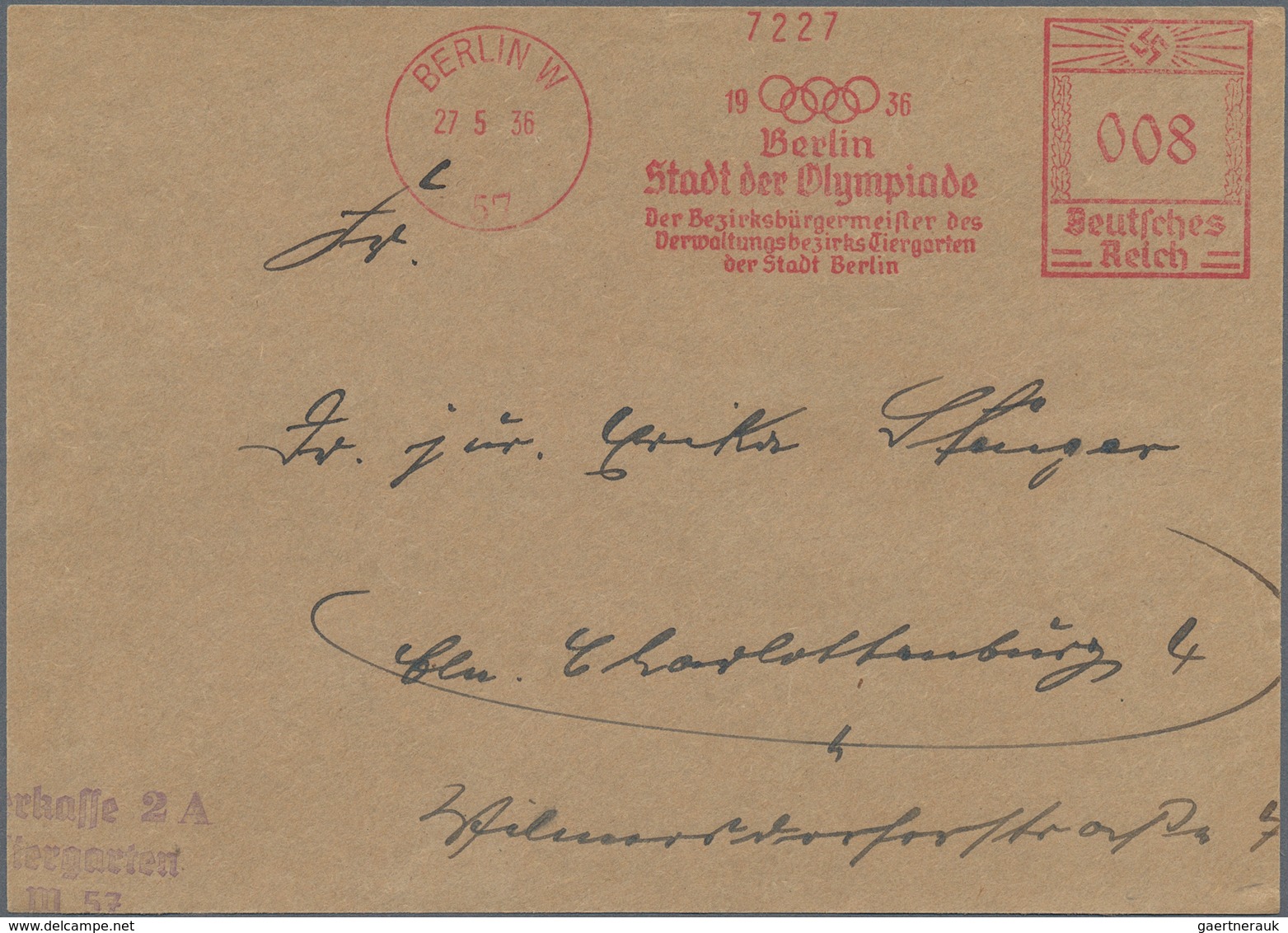 Thematik: Olympische Spiele / Olympic Games: 1936: Deutsches Reich Absenderfreistempel BERLIN W 8 Pf - Autres & Non Classés