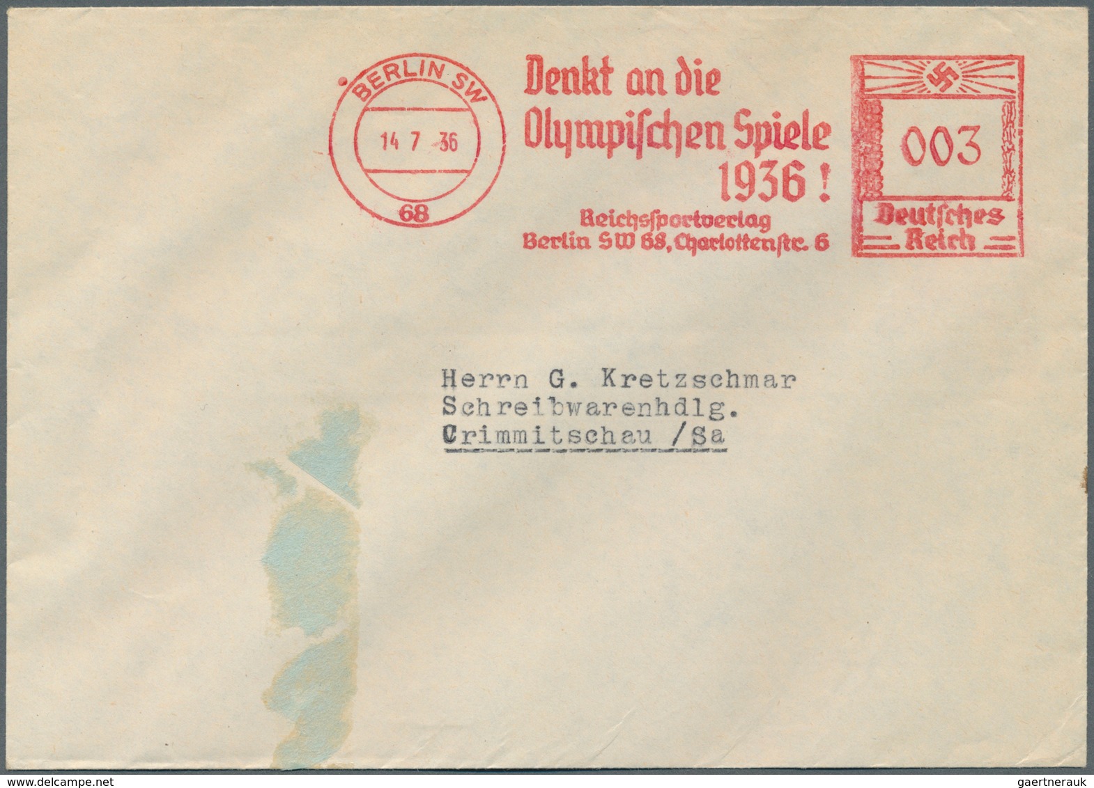 Thematik: Olympische Spiele / Olympic Games: 1936: Absenderfreistempel BERLIN SW 3 Pf. "Denkt And Di - Autres & Non Classés