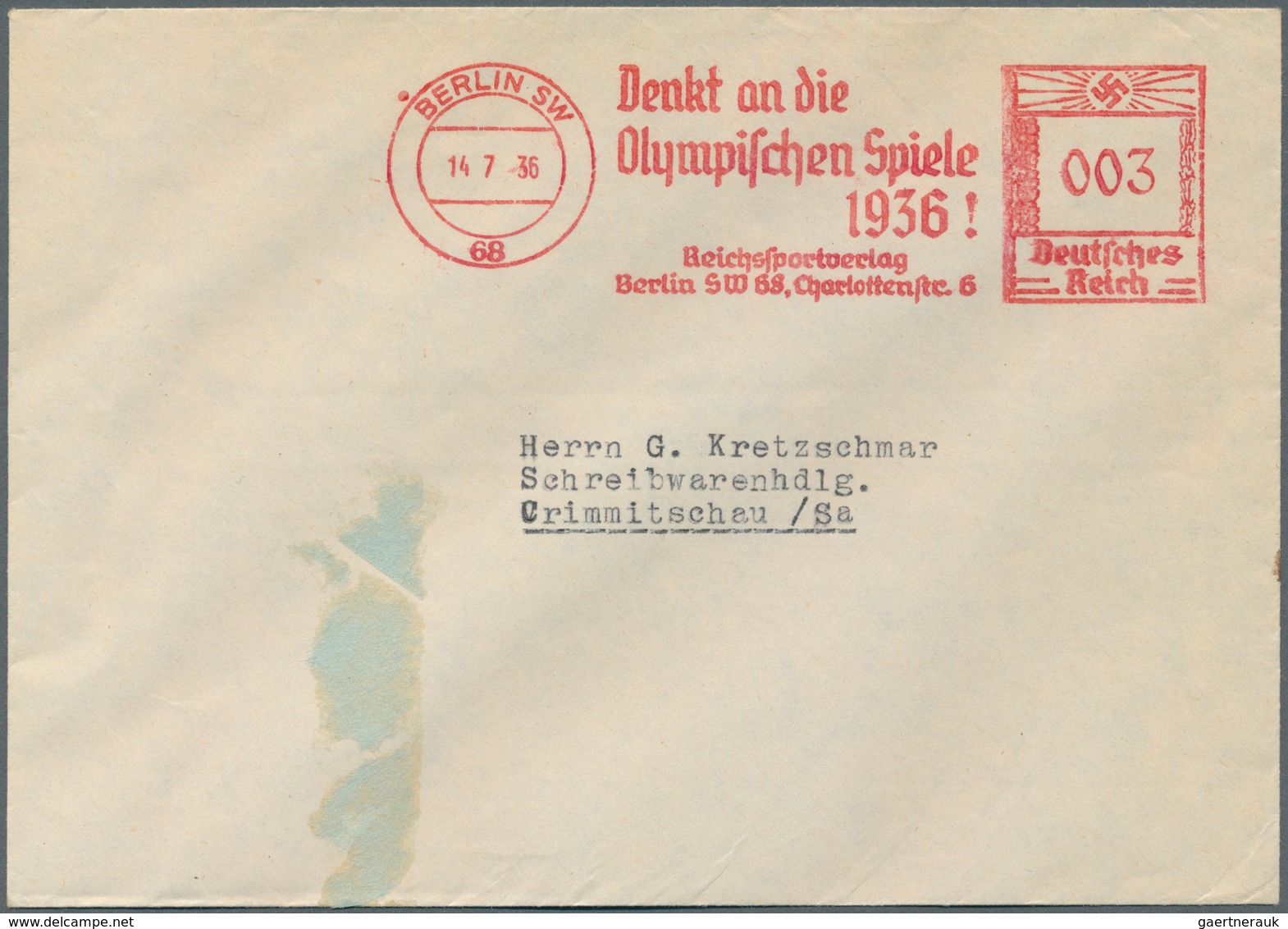 Thematik: Olympische Spiele / Olympic Games: 1936: Absenderfreistempel BERLIN SW 3 Pf. "Denkt And Di - Other & Unclassified