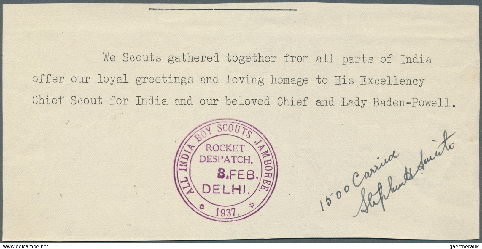 Thematik: Pfadfinder / boy scouts: 1937, India Lot with four items "Despatched by Rocket - All India