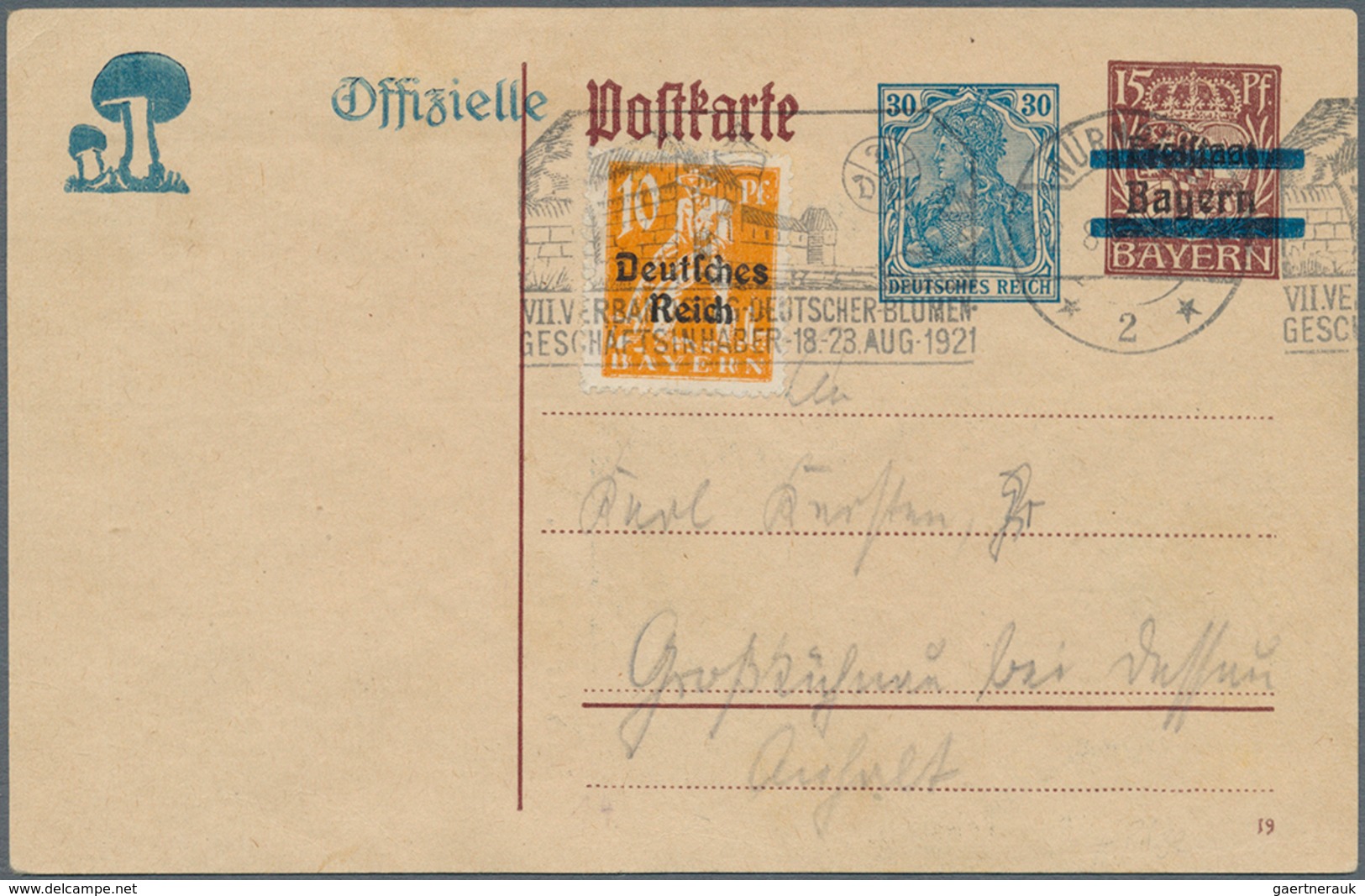 Thematik: Pilze / Mushrooms: 1921, Dt. Reich. Aufbrauch-Postkarte 30 Pf Neben (durchbalkter) 15 Pf M - Pilze