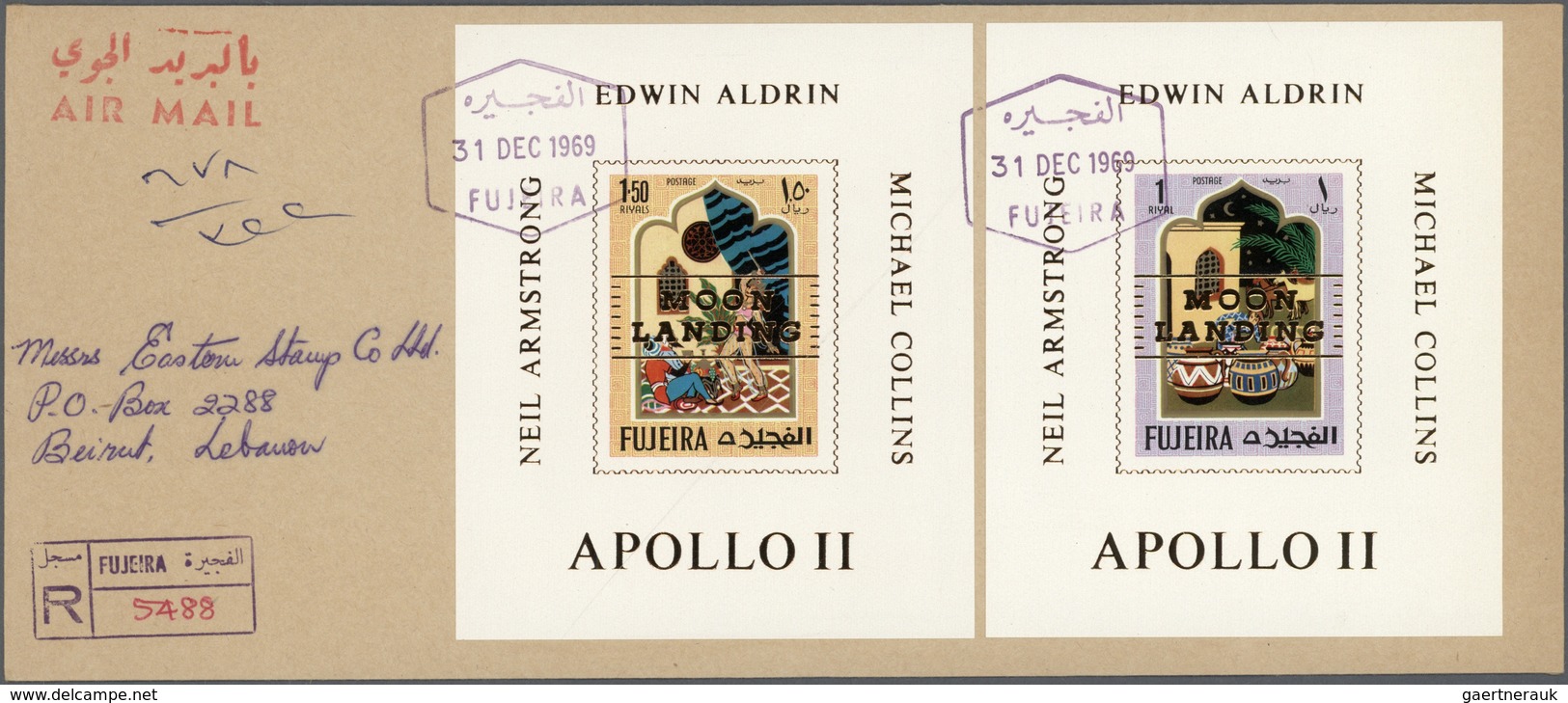 Thematik: Raumfahrt / astronautics: 1969, Fudschaira/Fujeira, MOON LANDING, golden overprint on twel