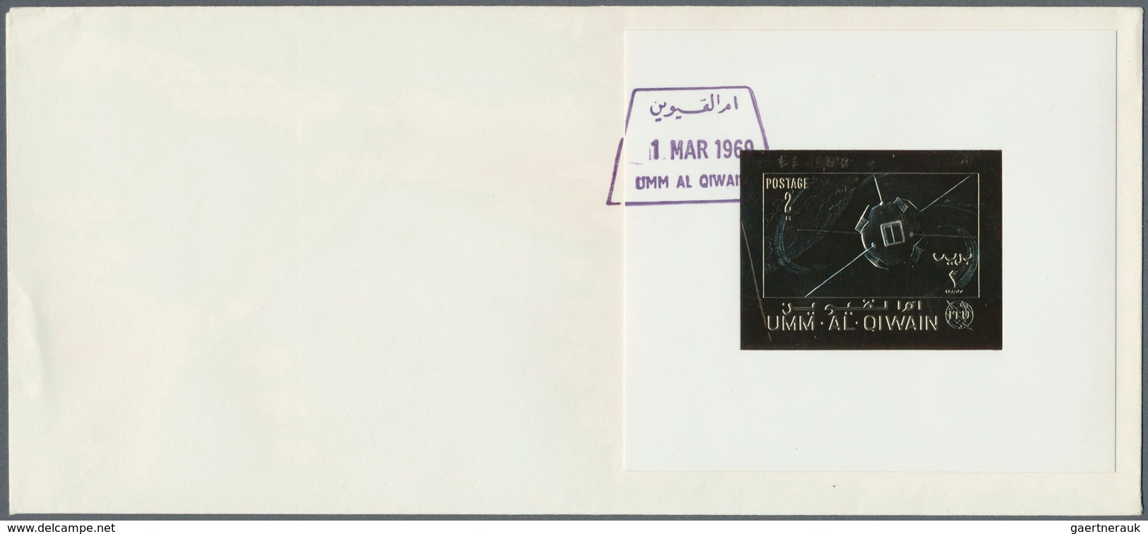 Thematik: Raumfahrt / Astronautics: 1969, Umm Al Qaiwain, GOLD ISSUE 2r. "ITU", Perf. /imperf. Stamp - Autres & Non Classés