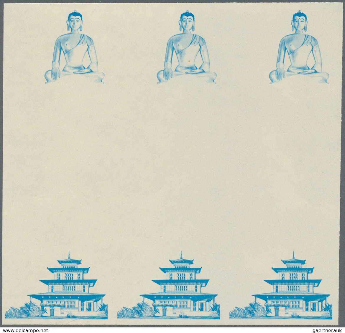 Thematik: Religion / religion: 1965, Bhutan. Progressive proof (10 phases) in blocks of 3 vertical g